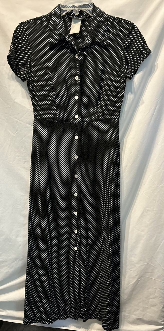 VTG Esprit De Corp Maxi Shirt Dress Sz XS Black White Polka Dot Print Modest